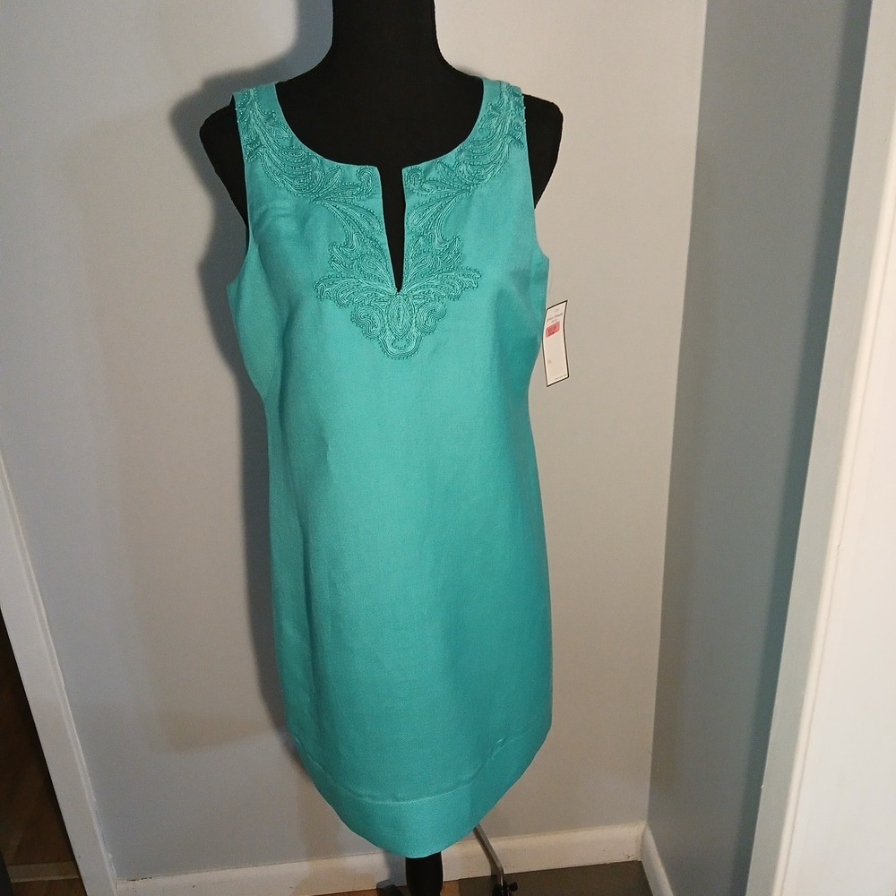 Jessica Howard Dress Sz 10P Linen Blend V-neck Beaded At Neck Sleeveless Easter
